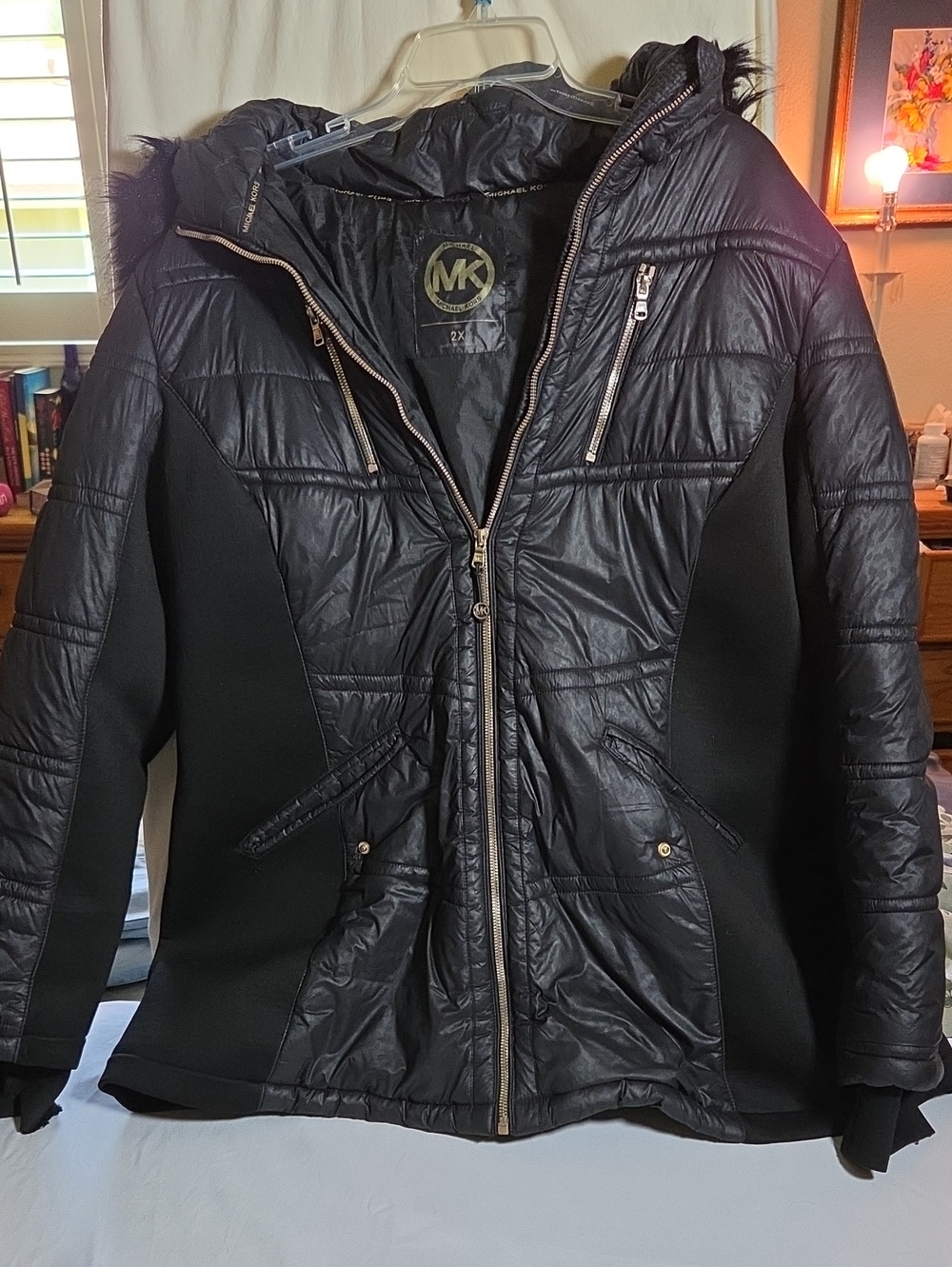 Michael Kors Black Quilted Hooded Puffer Jacket with Faux Fur Trim